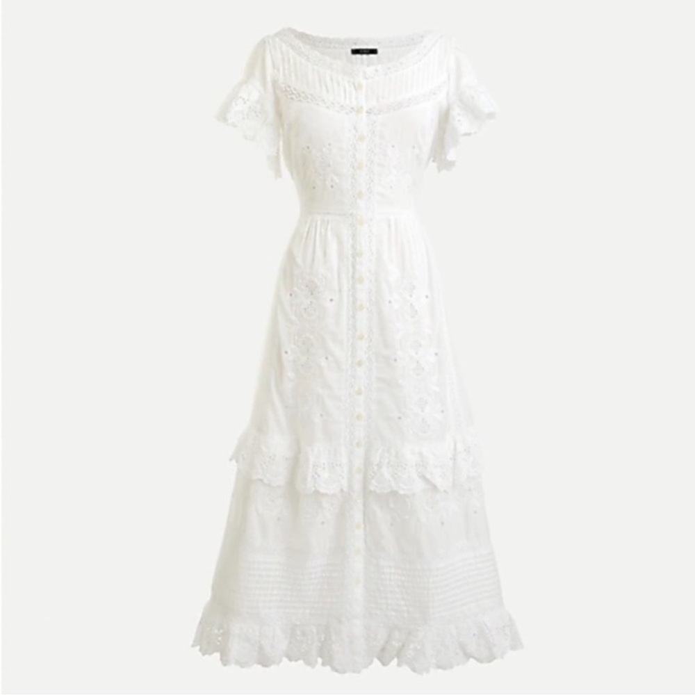 NWT J Crew Embroidered Midi Dress with Lace Trim